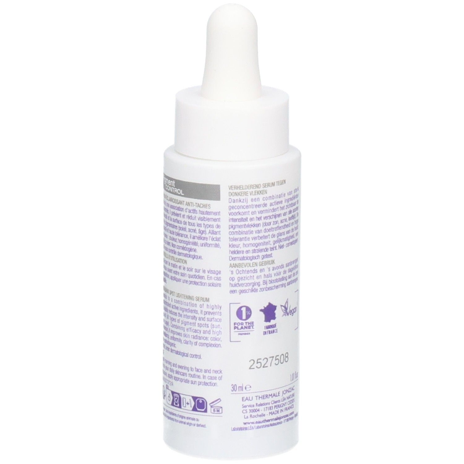 Flacon blanc avec pipette. Inscriptions: JONZAC, Pigment Control Serum. Texte multilingue. 30 ml.