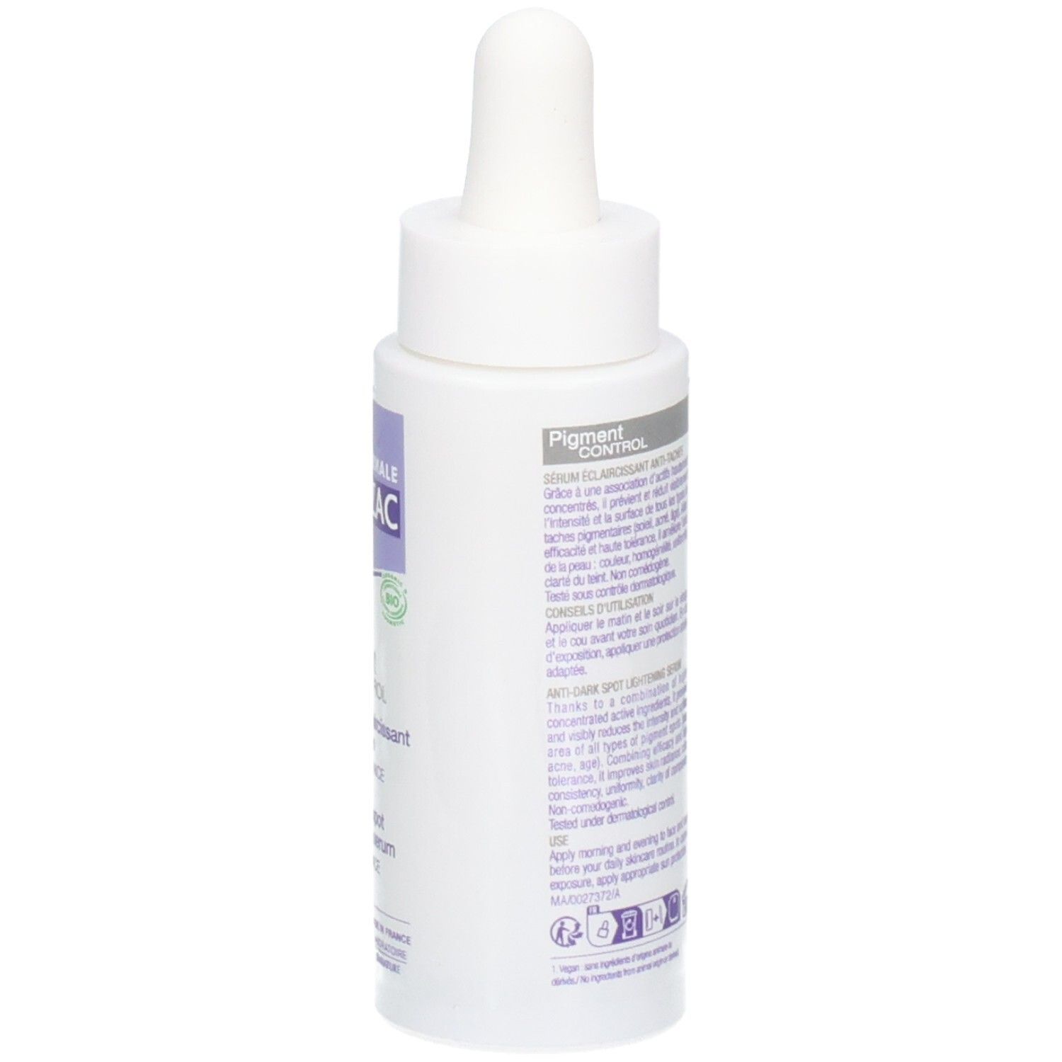 Flacon blanc avec pipette. Inscriptions: JONZAC, Pigment Control Serum. Texte multilingue.