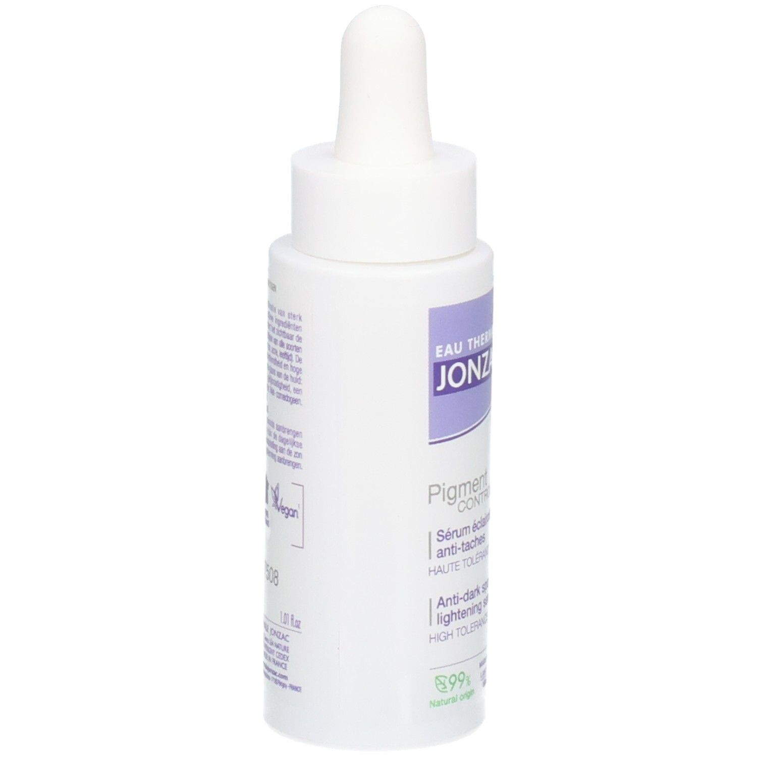 Flacon blanc avec pipette. Inscriptions: JONZAC, Pigment Control Serum. Texte multilingue. 99% naturel.
