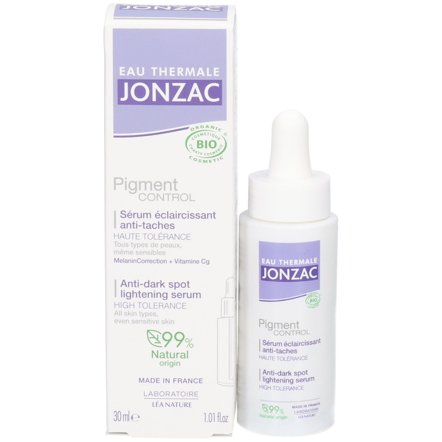 Emballage et flacon. Inscriptions: JONZAC, Pigment Control Serum. Logo bio. 30ml. Pipette.