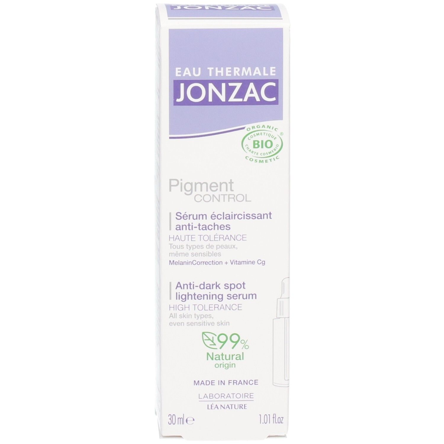 Emballage du produit. Inscriptions: JONZAC, Pigment Control Serum. Logo bio. 30ml. Pipette.