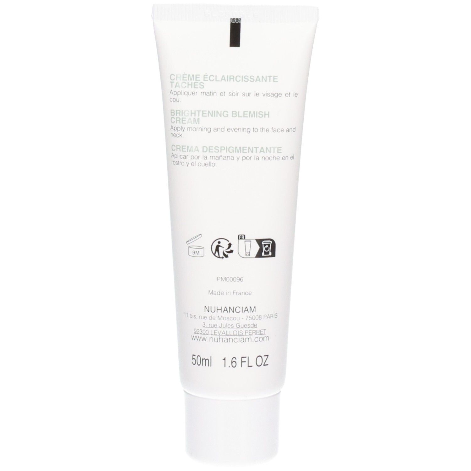 Arrière du tube de crème Nuhanciam avec instructions et symboles.