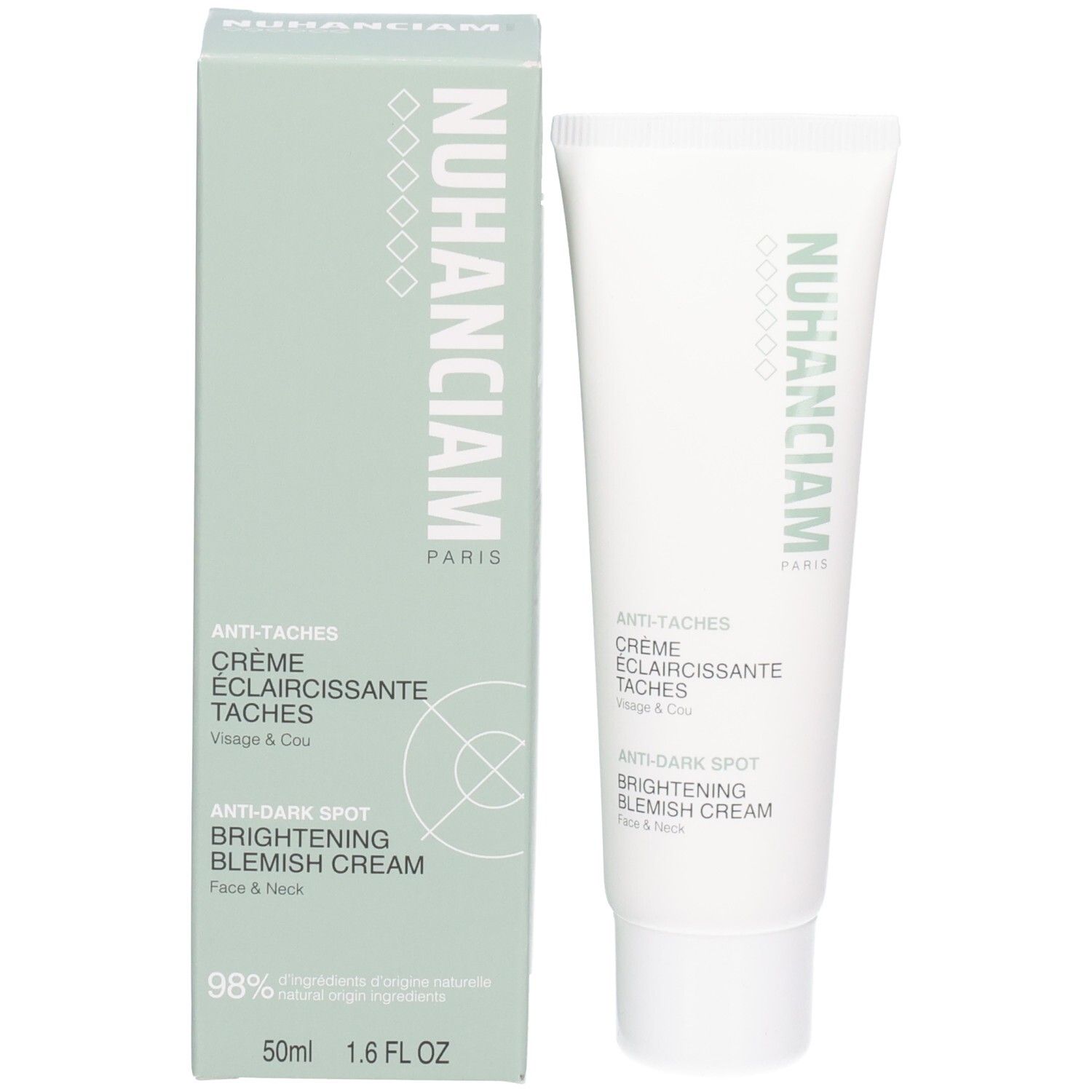 Tube et boîte de crème Nuhanciam, vert pâle avec inscription blanche.