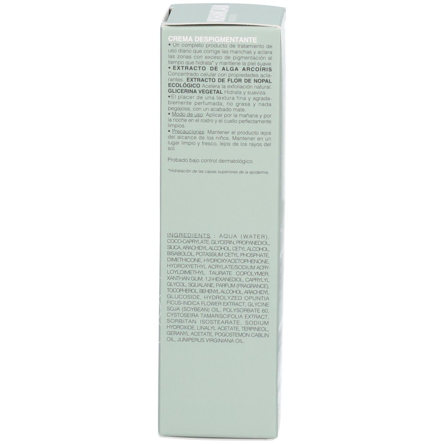 Côté de l'emballage de crème Nuhanciam avec ingrédients et instructions.