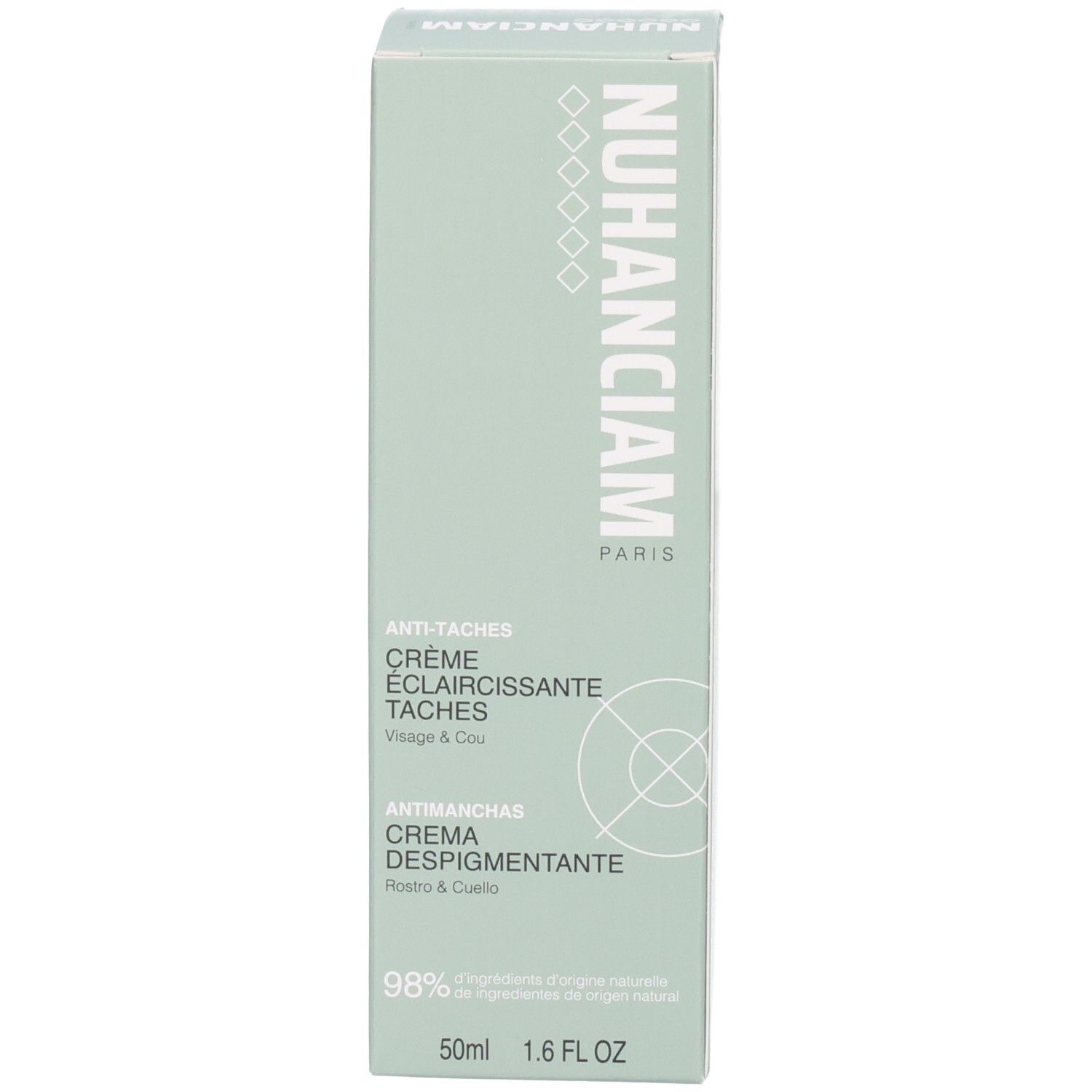 Emballage de crème Nuhanciam, côté avec informations produit et code QR.