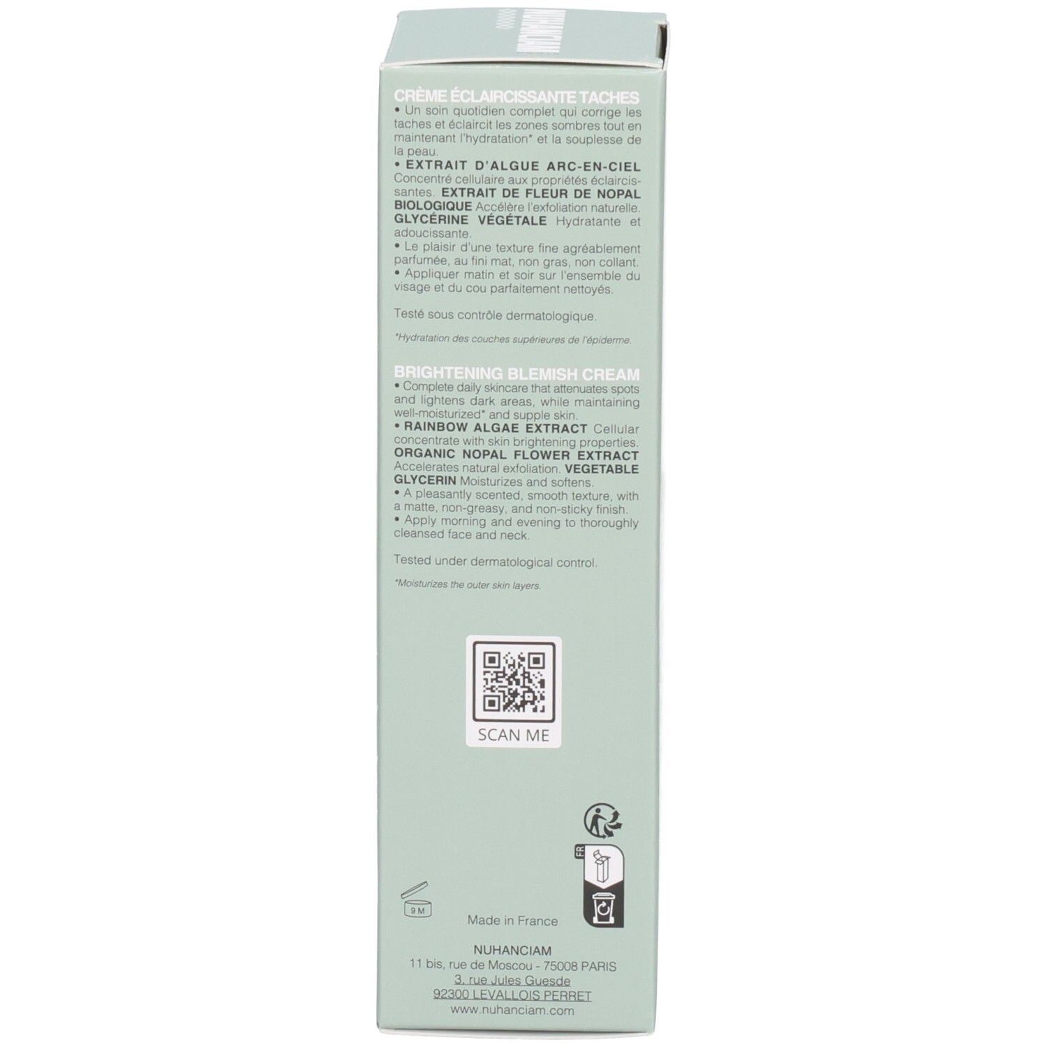 Boîte de crème éclaircissante Nuhanciam, avec détails sur les ingrédients.