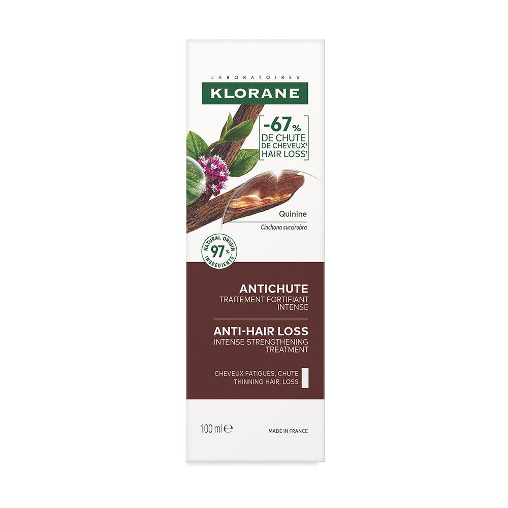 Emballage blanc avec produit. Inscription : KLORANE, Anti-chute, traitement fortifiant intense.