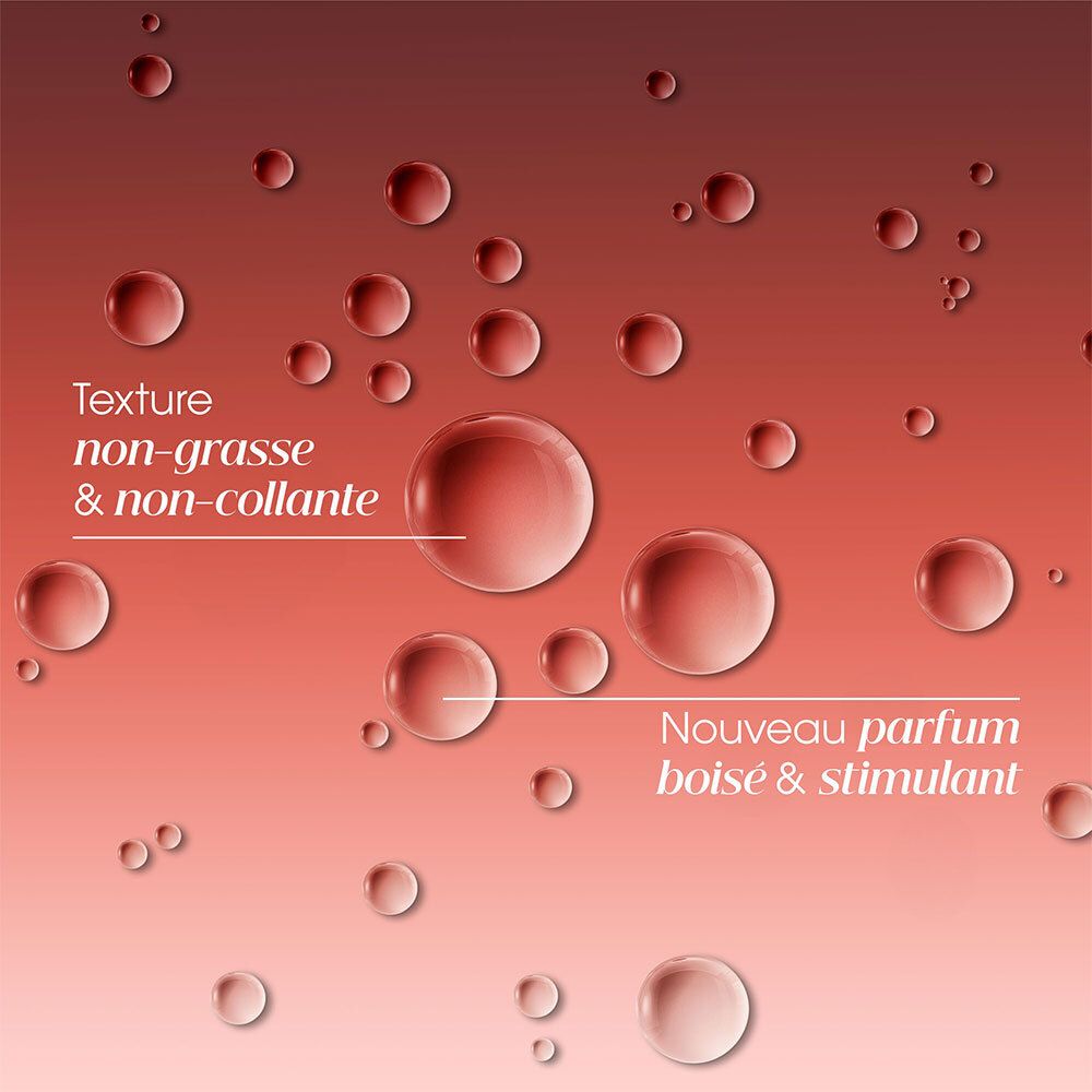 Liquide rouge avec bulles. Texte : Texture non-grasse & non-collante.