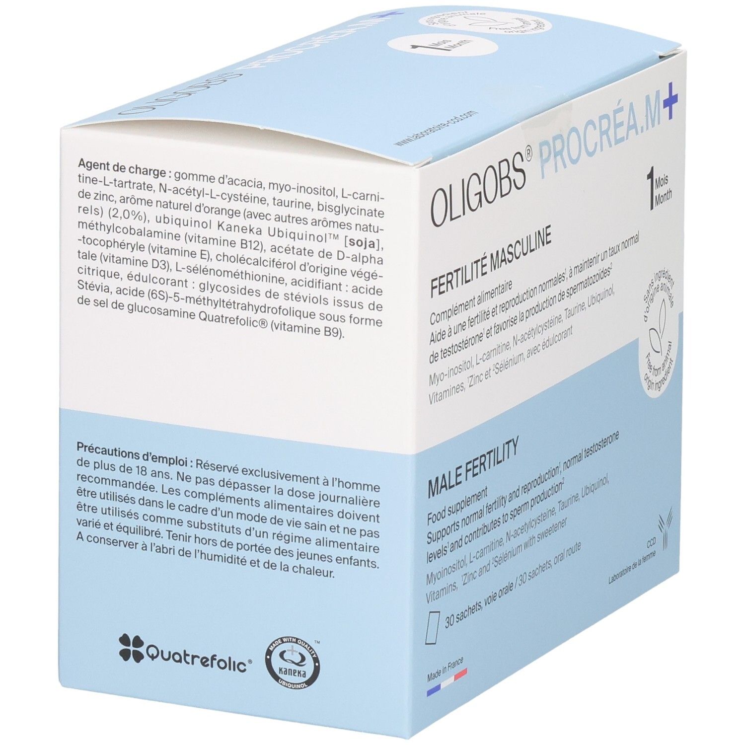 Arrière de la boîte OLIGOBS PROCREA.M+ avec ingrédients et précautions d'emploi.