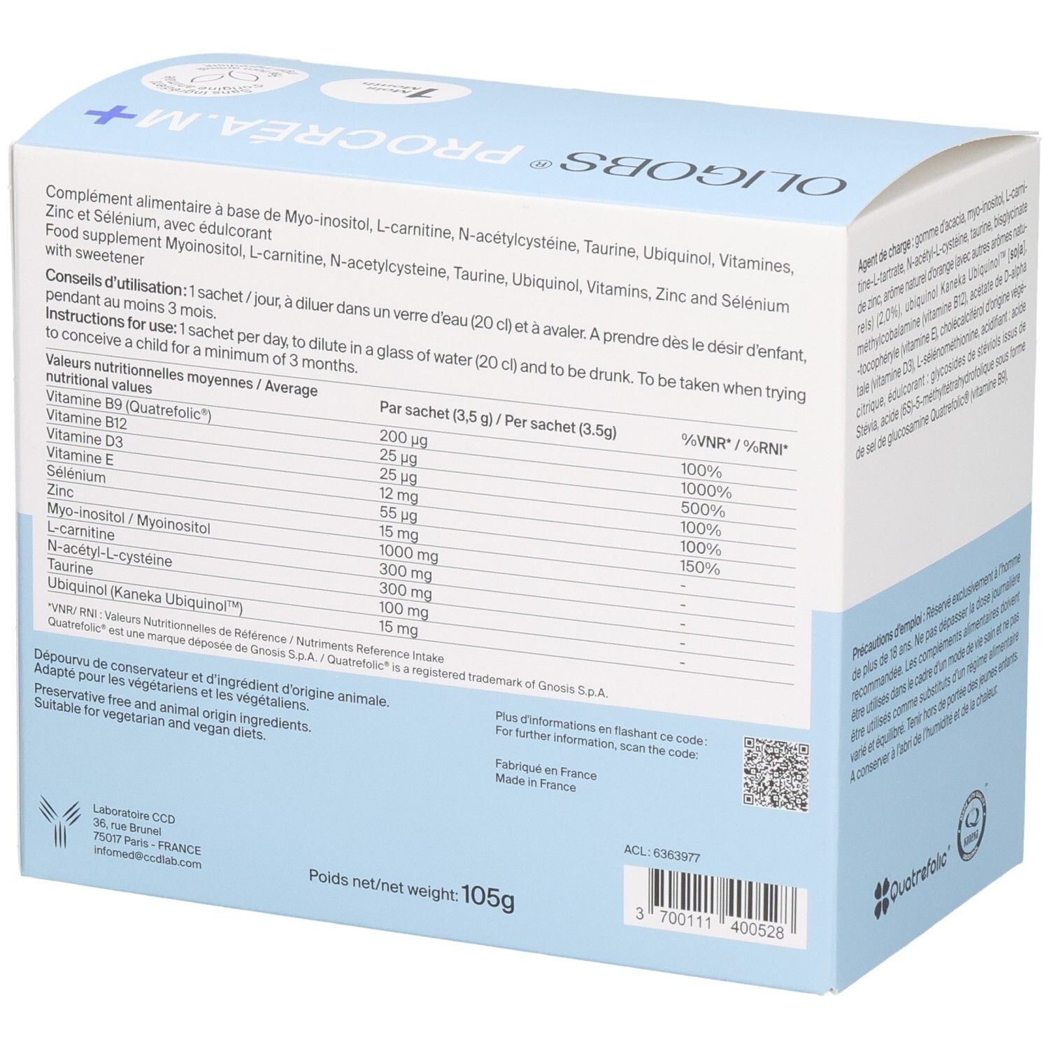Dessus de la boîte OLIGOBS PROCREA.M+ avec valeurs nutritionnelles et composition.