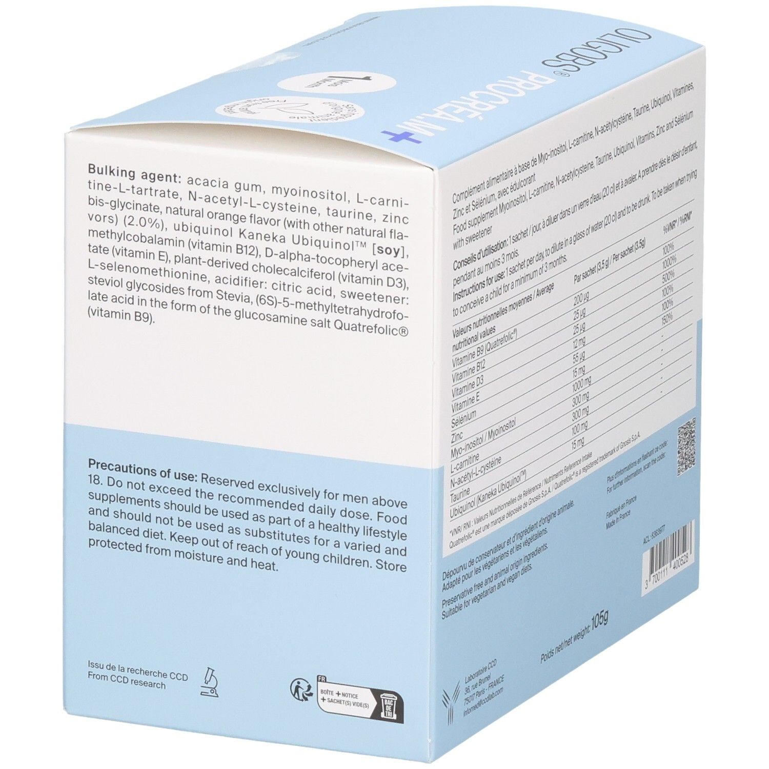 Côté de la boîte OLIGOBS PROCREA.M+ avec conseils d'utilisation et composition.