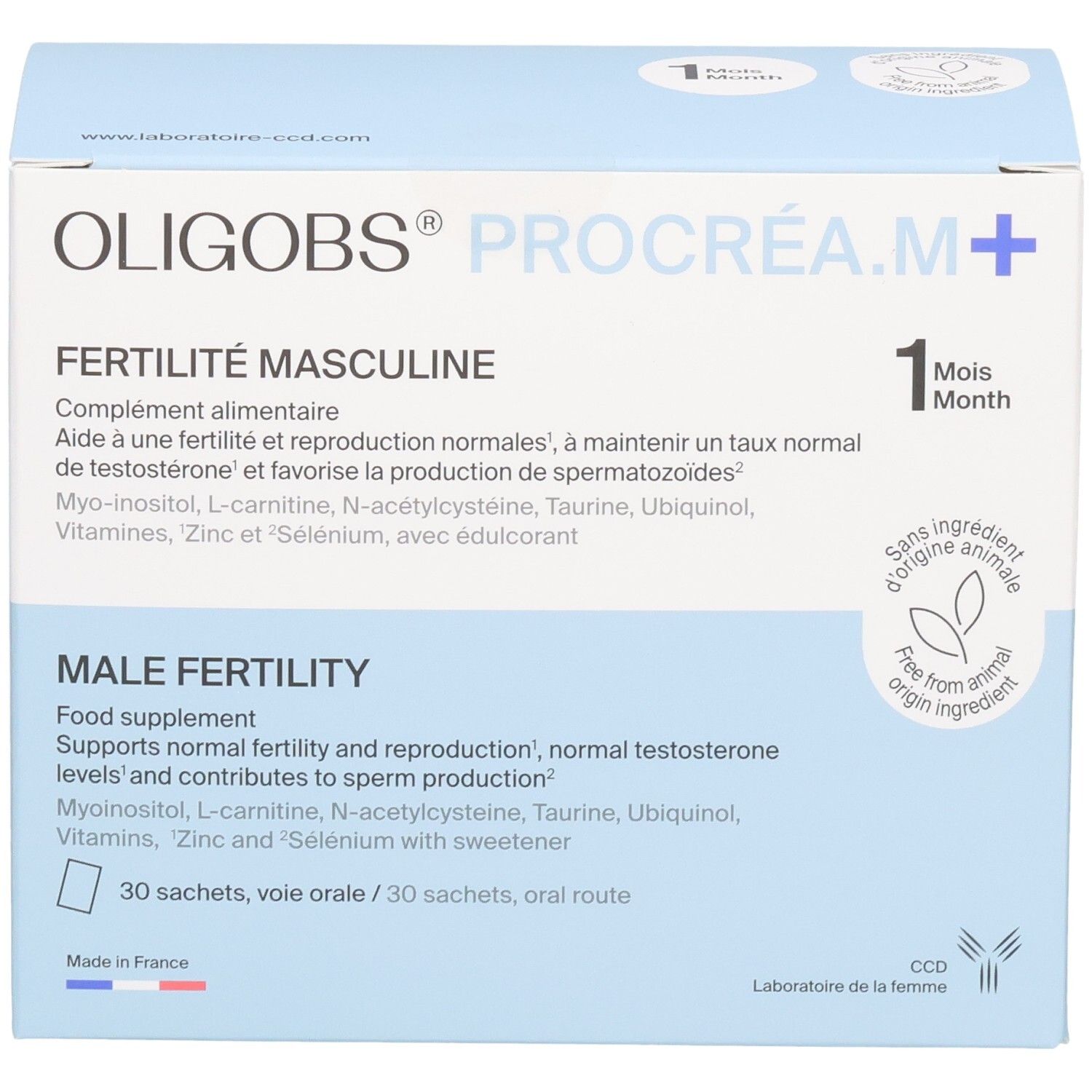 Face avant de la boîte OLIGOBS PROCREA.M+ Fertilité Masculine, 30 sachets.