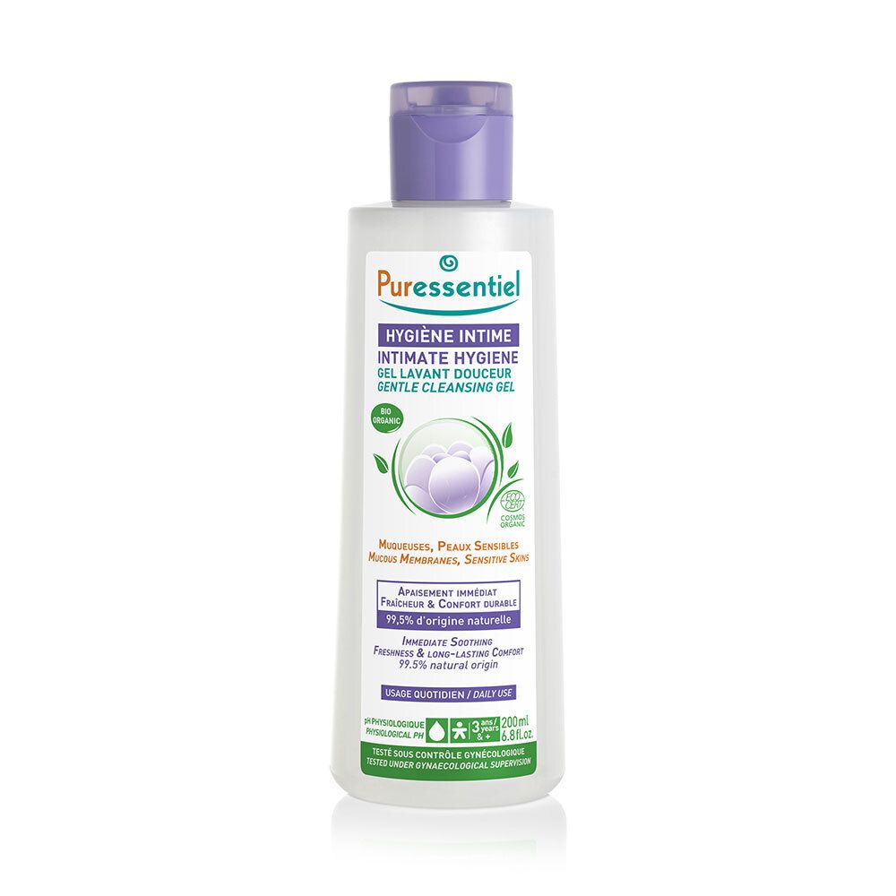 Puressentiel Hygiène Intime Gel Lavant Douceur, flacon 200ml avec bouchon violet rabattable.