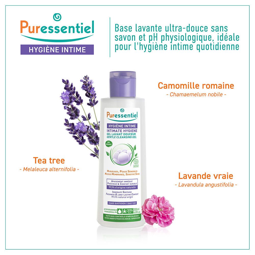 Puressentiel Hygiène Intime Gel Lavant Douceur flacon avec motifs lavande et camomille.