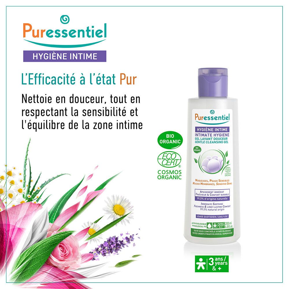 Puressentiel Hygiène Intime Gel Lavant Douceur flacon avec logos Bio et Cosmos Organic.