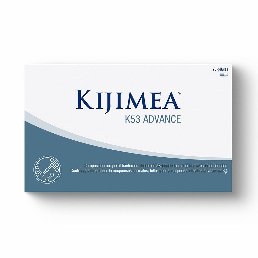 Boîte blanche Kijimea K53 Advance. Contient 28 gélules. Texte: composition, 53 micro-organismes, vitamine B.