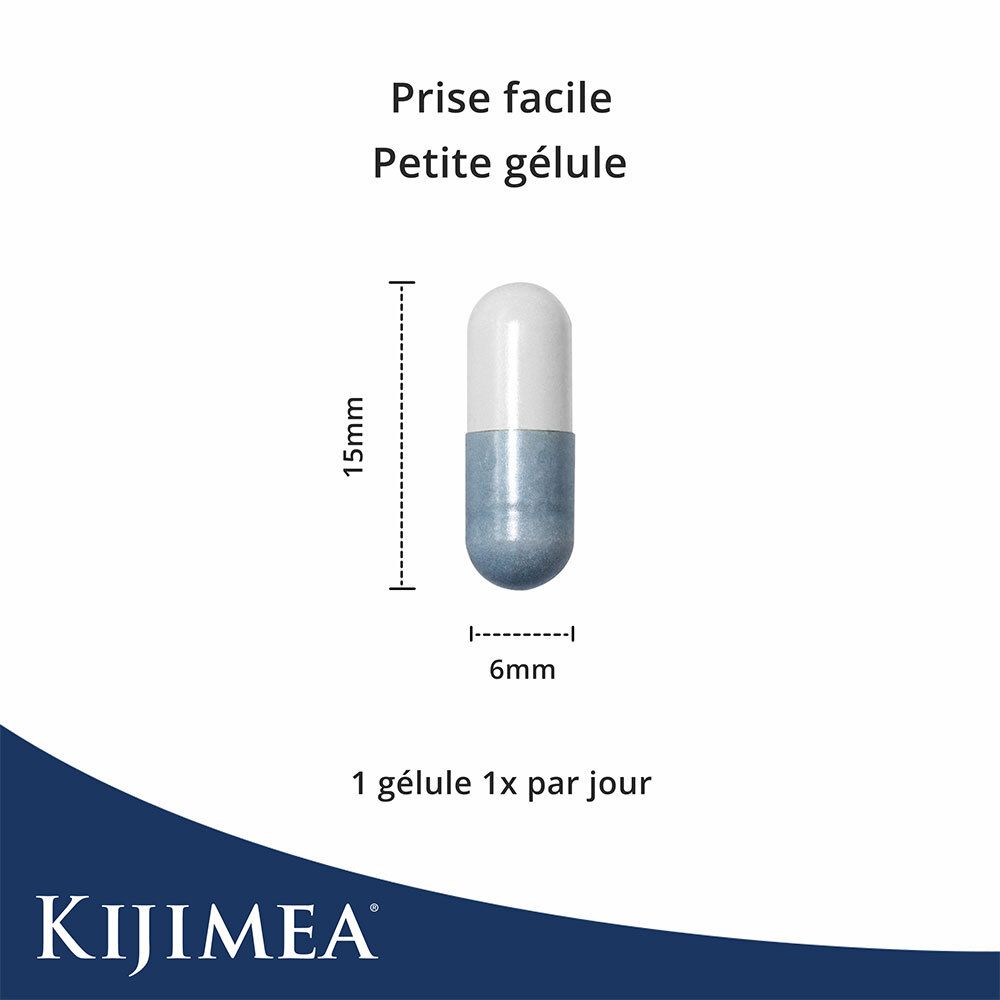 Gélule, 15mm de long, 6mm de large. Texte: prise facile, petite gélule. 1 gélule par jour.