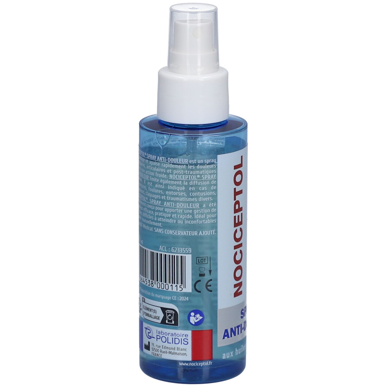 Dos du flacon spray bleu. Texte: informations produit, ingrédients, fabricant. Avec marquage CE.