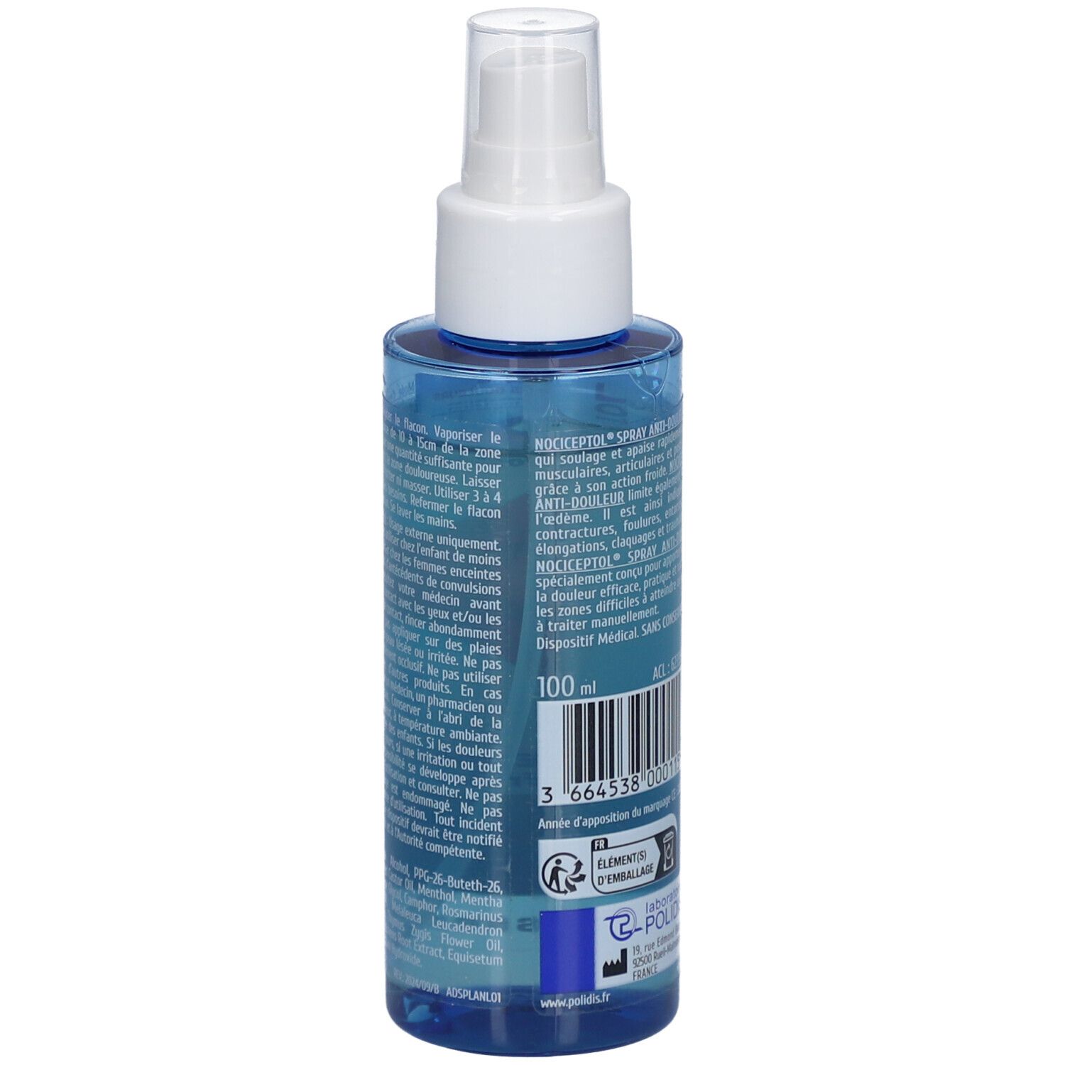 Dos du flacon spray bleu. Texte: mode d'emploi, ingrédients, fabricant. Volume: 100 ml.