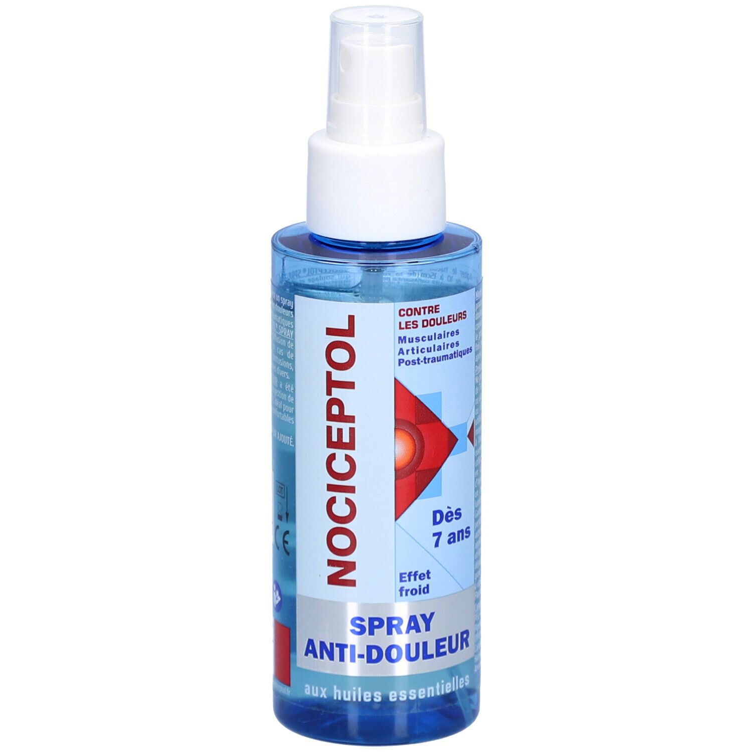 Flacon spray bleu transparent avec tête blanche. Inscription: NOCICEPTOL, Spray anti-douleur, Dès 7 ans.
