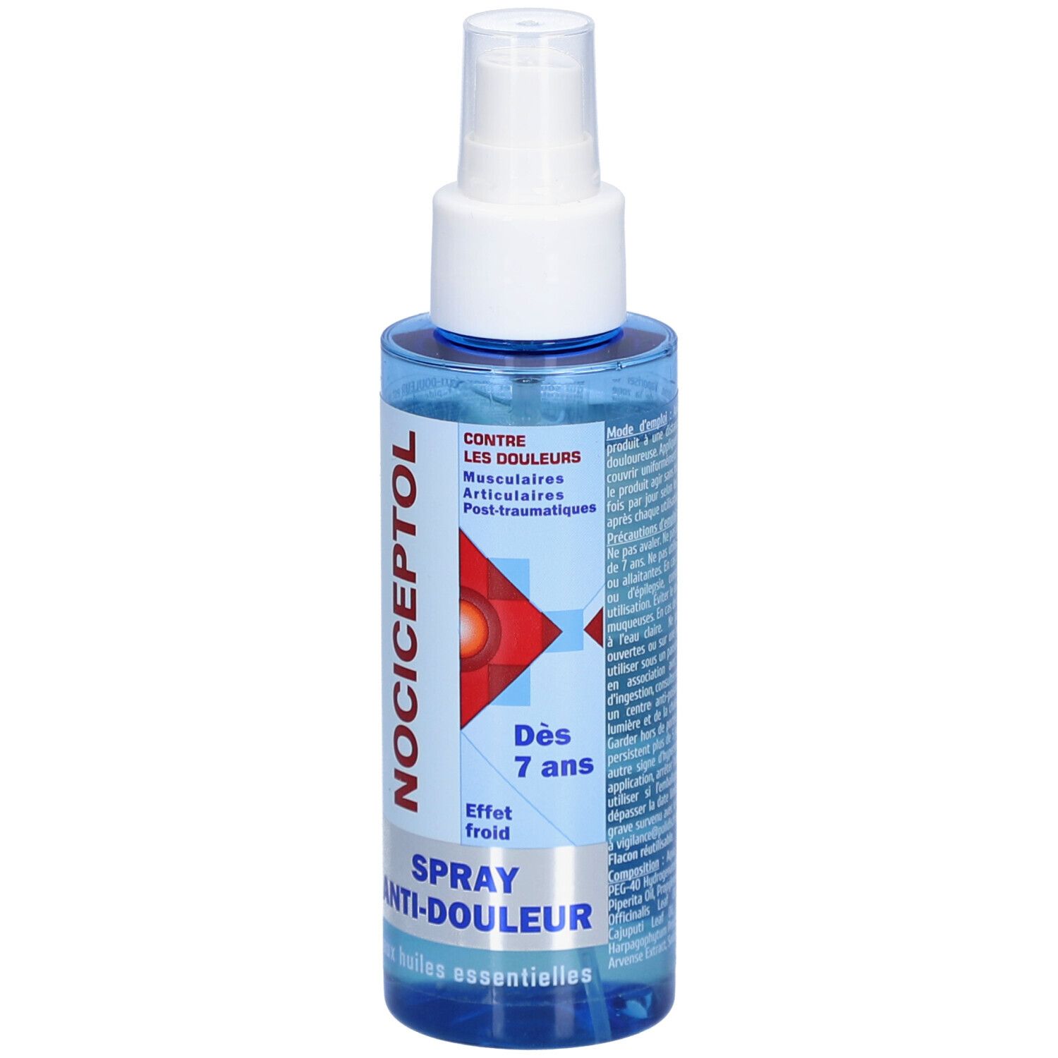 Flacon spray bleu transparent avec tête blanche. Inscription: NOCICEPTOL, Spray anti-douleur, Dès 7 ans.