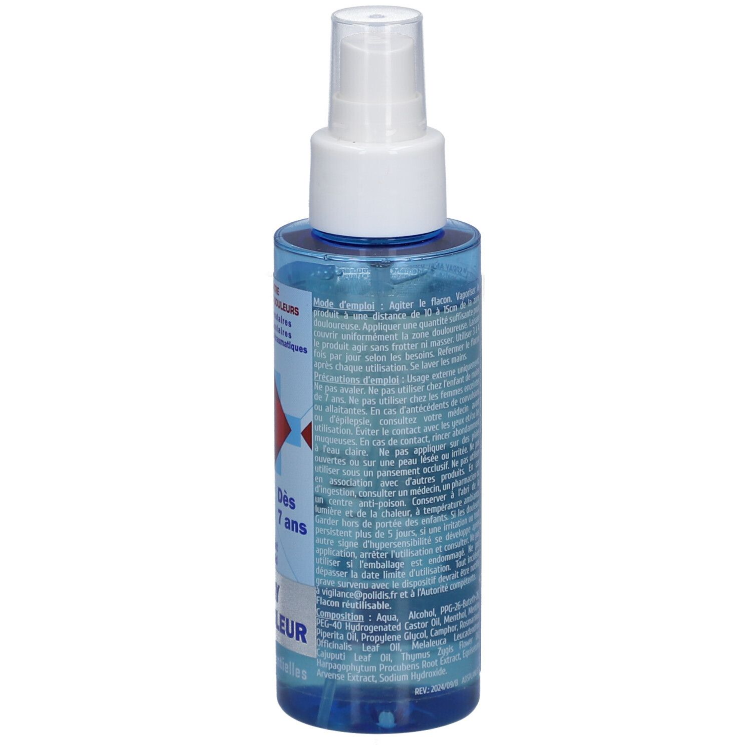 Dos du flacon spray bleu. Texte: mode d'emploi, ingrédients, fabricant. Avec marquage CE.