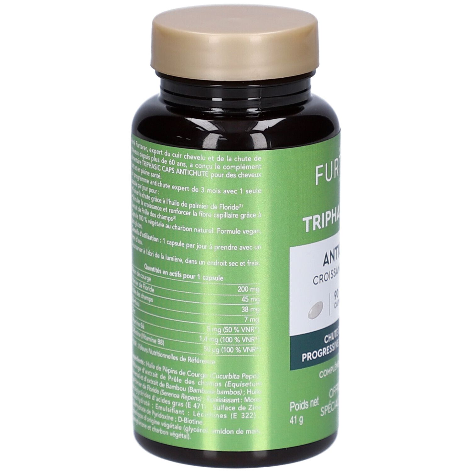 Dos du flacon de capsules. Texte en français. Contient des informations nutritionnelles et des ingrédients.