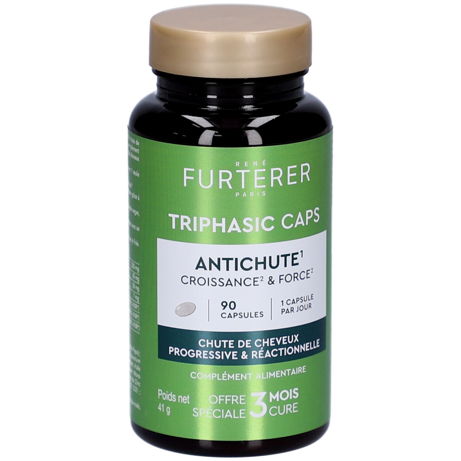 Flacon marron foncé avec bouchon doré. Inscription: René Furterer, Triphasic Caps, Antichute, 90 capsules.