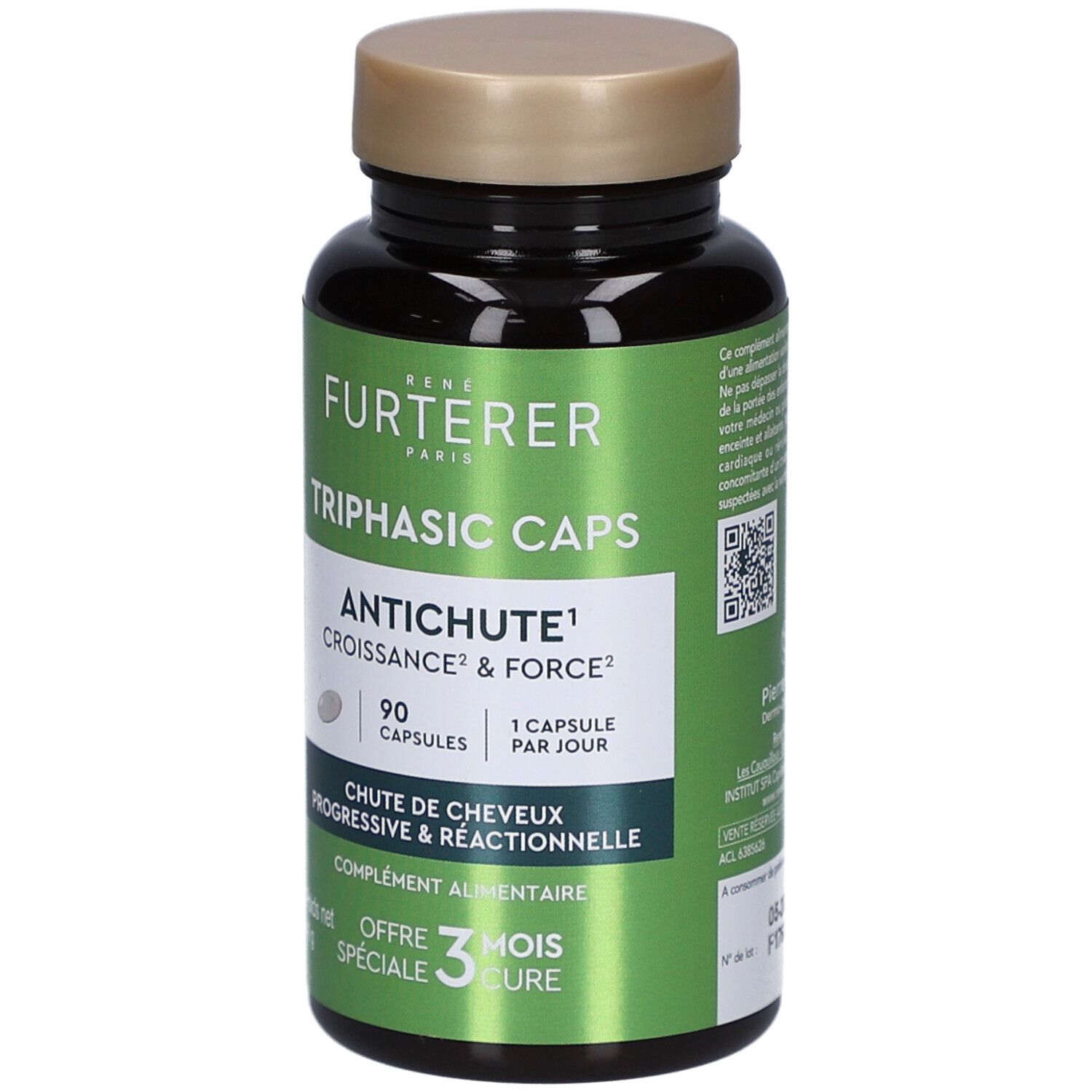 Flacon marron foncé avec bouchon doré. Inscription: René Furterer, Triphasic Caps, Antichute, 90 capsules.