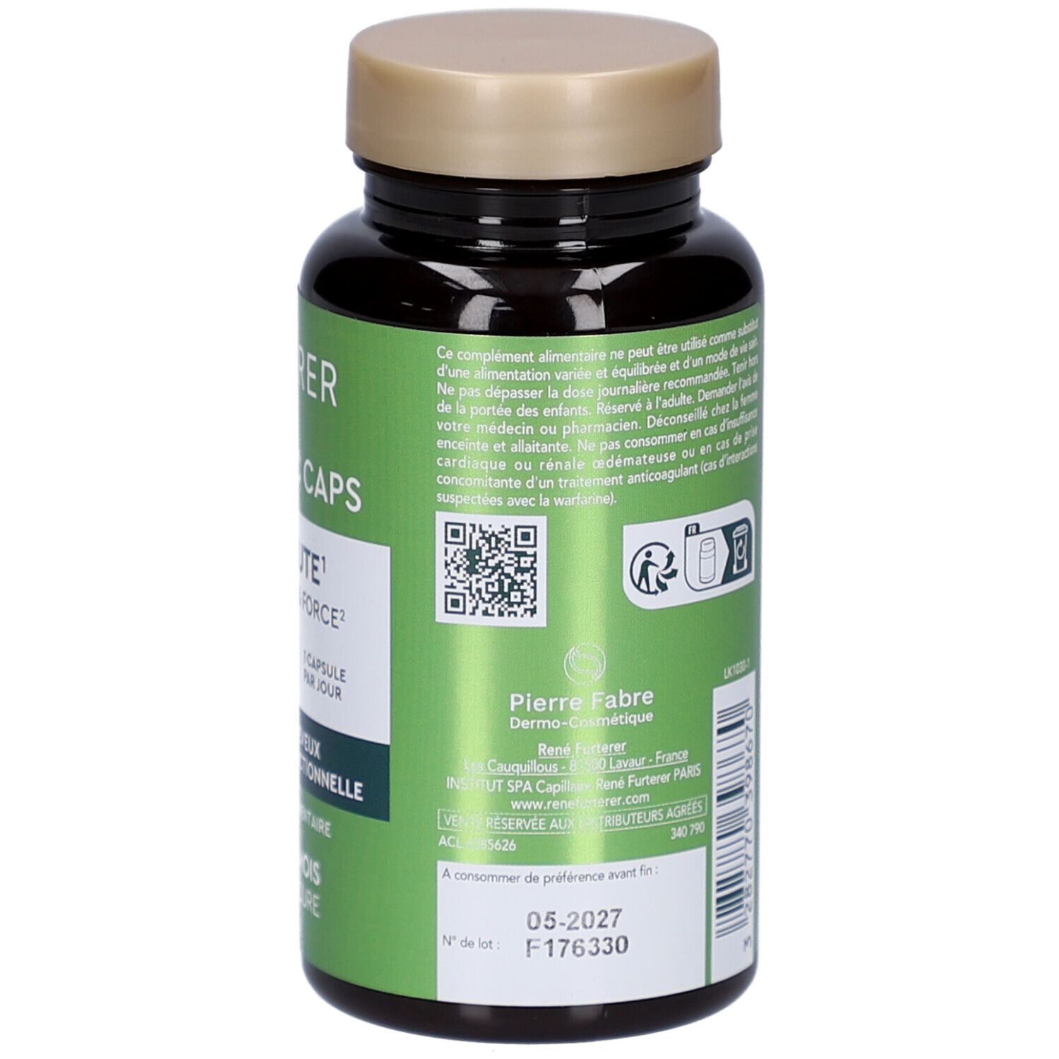 Dos du flacon de capsules. Texte en français. Contient des informations sur l'utilisation et le fabricant.