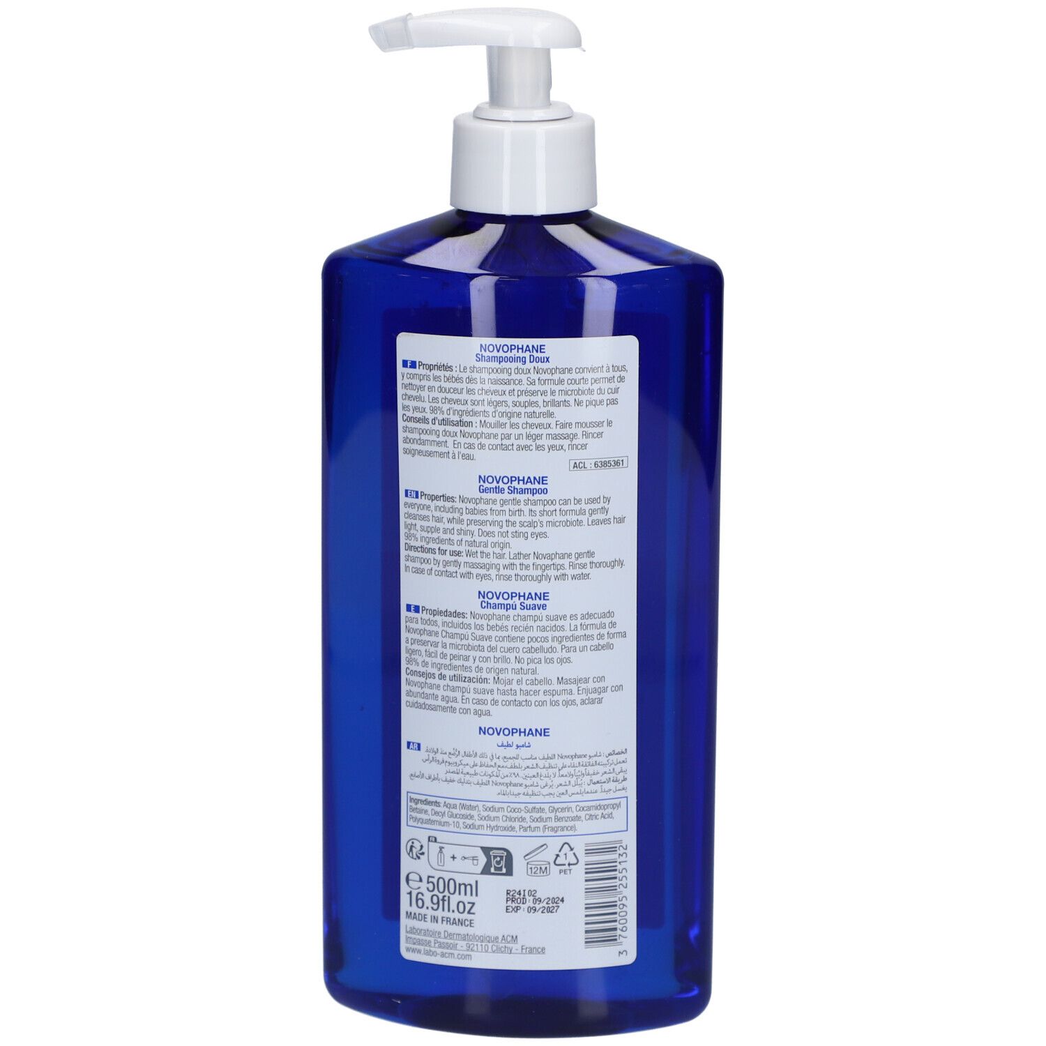 Dos du flacon bleu avec pompe blanche. Étiquette avec informations produit.