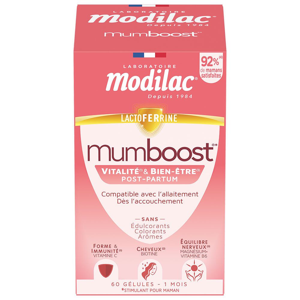 Boîte Modilac Mumboost. Carton rose avec nom du produit et informations. 60 gélules.