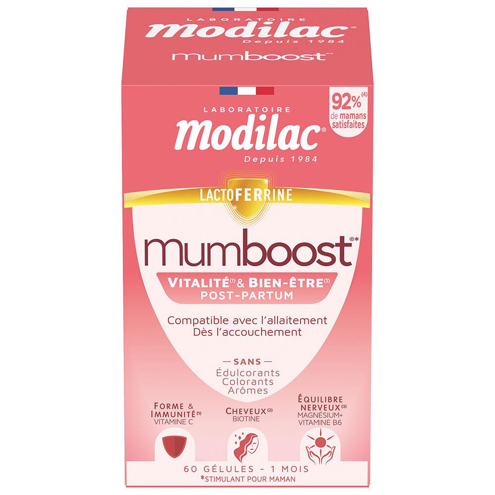 Boîte Modilac Mumboost de 60 gélules, pour la vitalité et le bien-être post-partum.