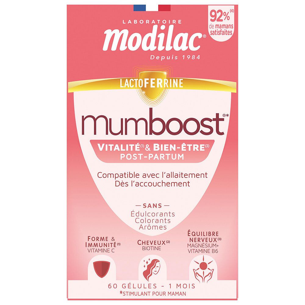 Boîte Modilac Mumboost de 60 gélules, pour la vitalité et le bien-être post-partum.
