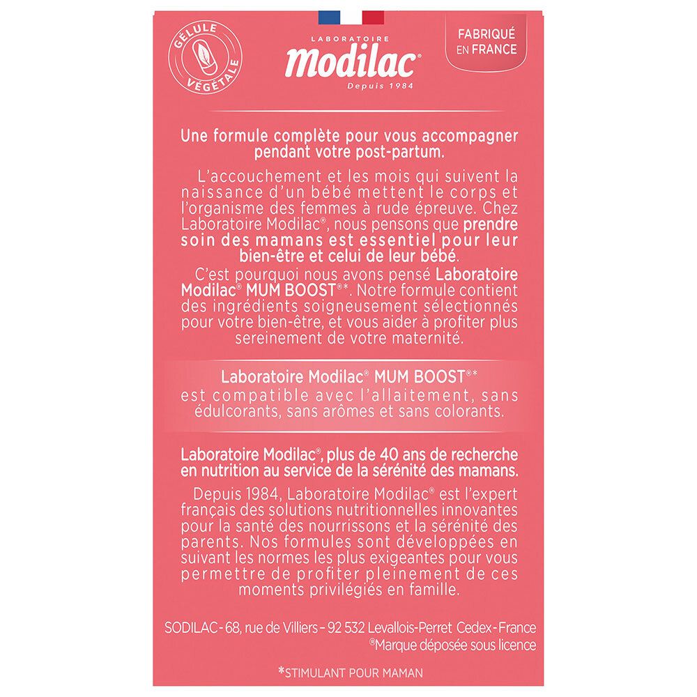 Arrière de la boîte Modilac Mumboost avec informations produit et composition.