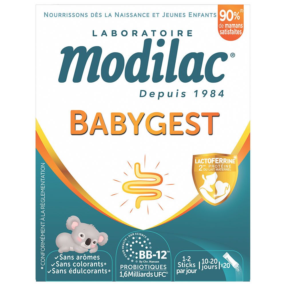 Face avant boîte Modilac Babygest avec illustration koala et probiotiques BB-12.