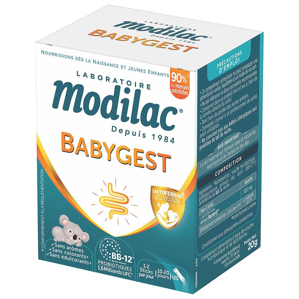 Boîte Modilac Babygest, vue de trois quarts avant, avec informations produit et usage.