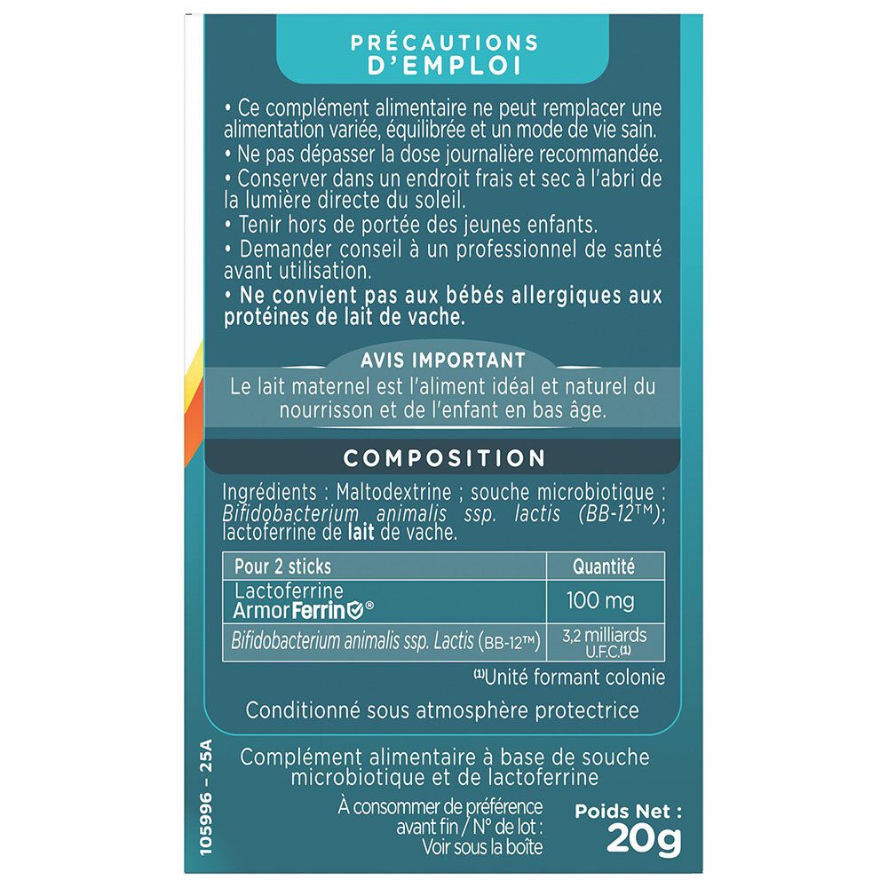 Arrière de la boîte Modilac Babygest avec composition et précautions d'emploi.