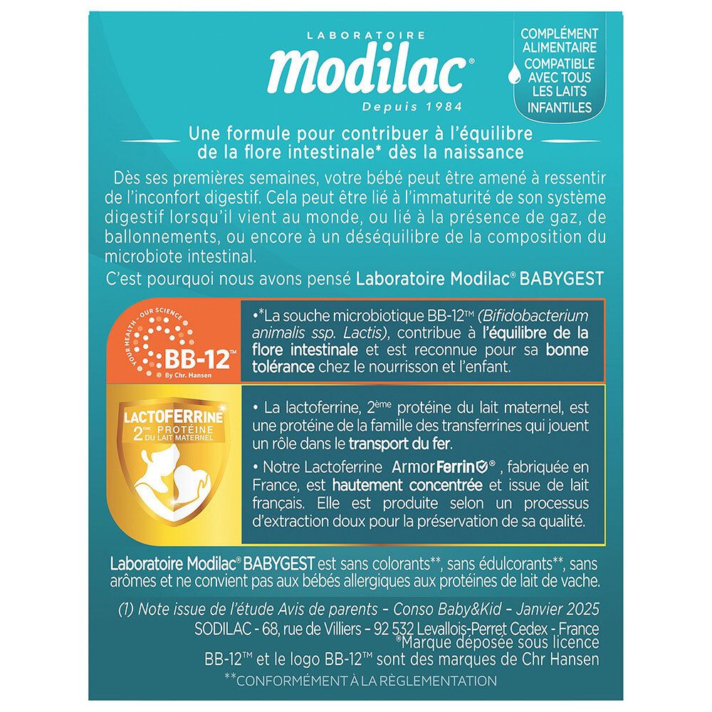 Vue latérale de la boîte Modilac Babygest avec détails sur BB-12 et lactoferrine.