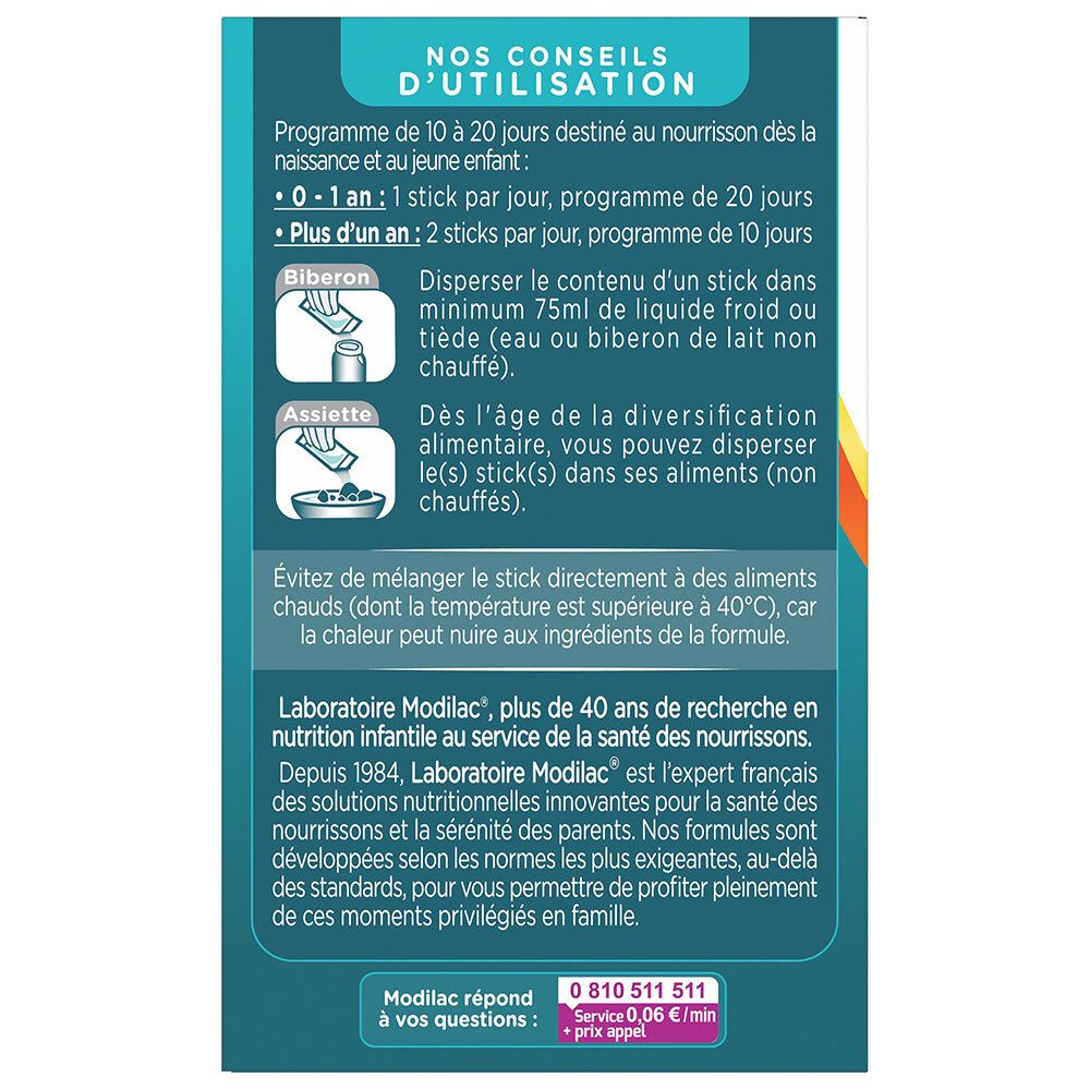 Boîte Modilac Babygest avec conseils d'utilisation pour nourrissons et jeunes enfants.
