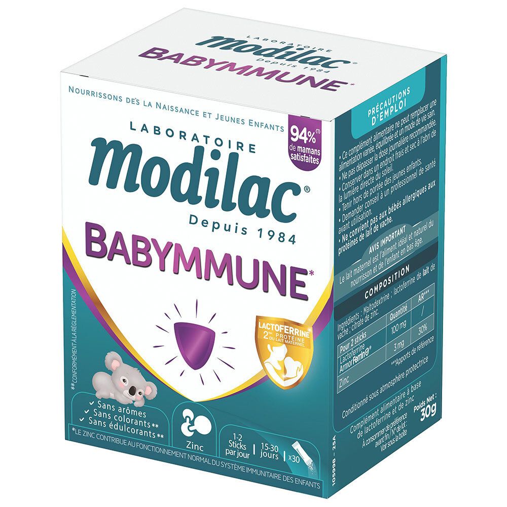 Boîte Modilac Babymmune de 30 sticks, vue de face. Contient lactoferrine et zinc.