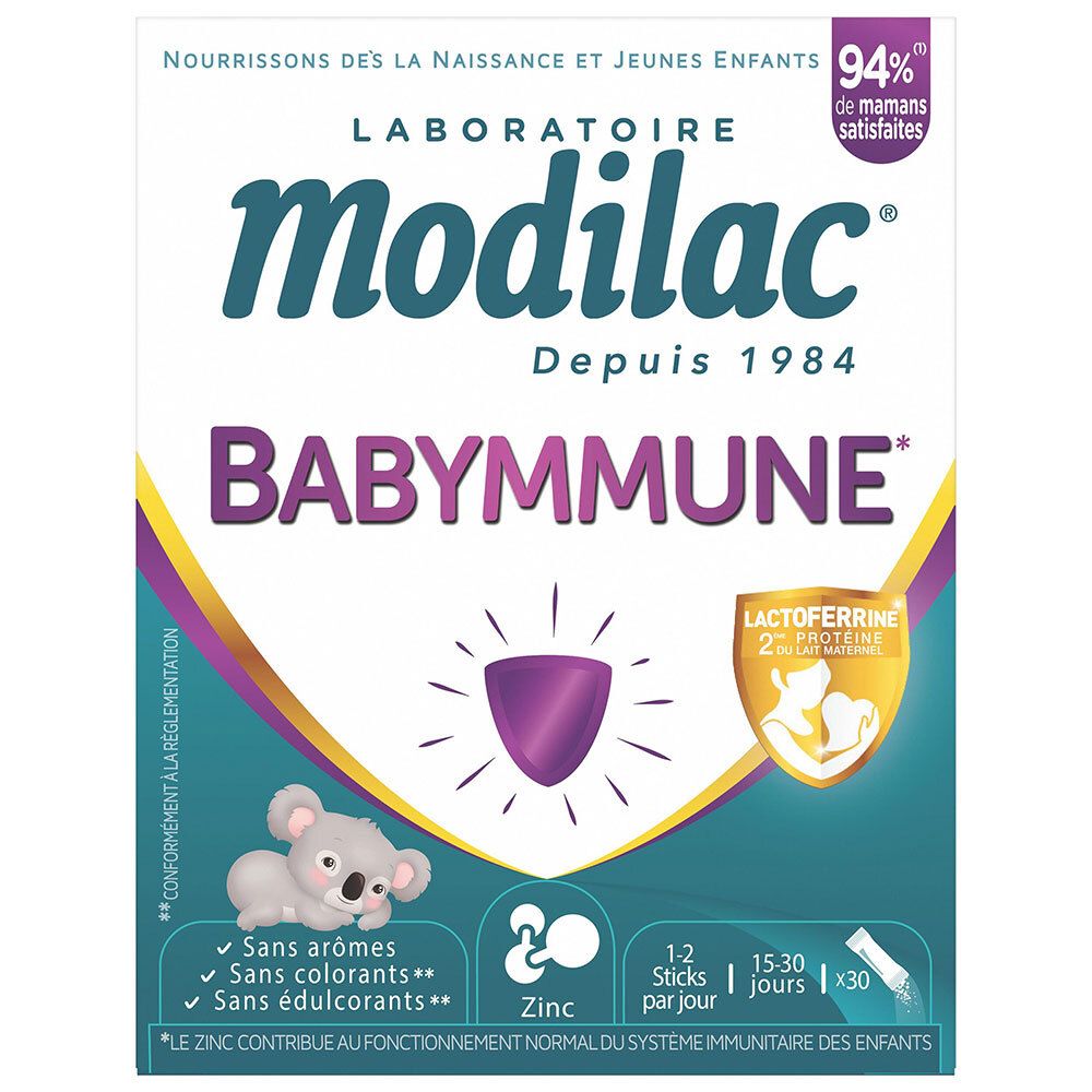 Boîte Modilac Babymmune de 30 sticks, face avant avec illustration de koala.