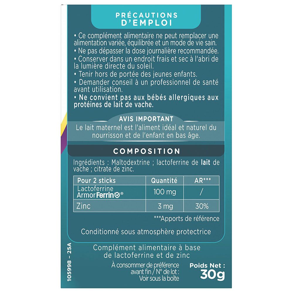 Arrière de la boîte Modilac Babymmune avec composition et conseils d'utilisation.