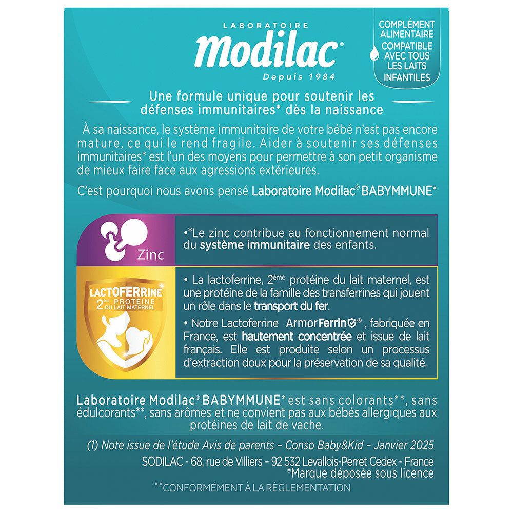 Vue latérale de la boîte Modilac Babymmune avec informations produit et ingrédients.