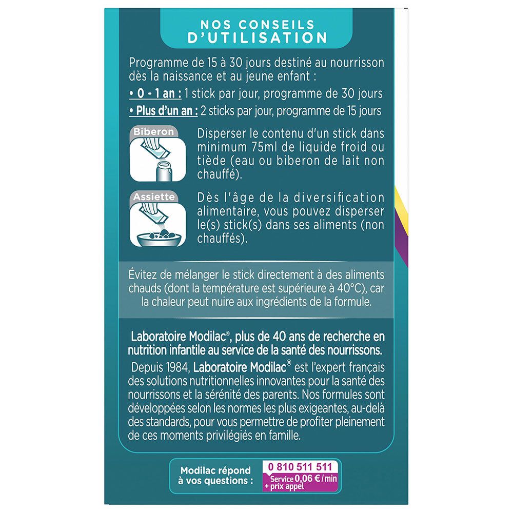 Vue latérale de la boîte Modilac Babymmune avec conseils d'utilisation et contact.