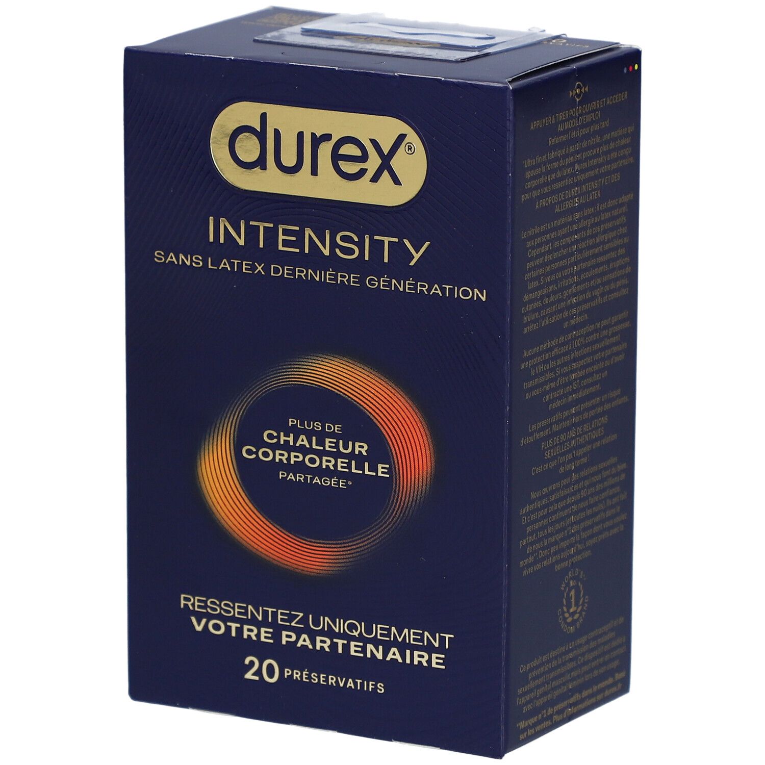 Boîte bleue foncée Durex Intensity sans latex. Contient 20 préservatifs. Logo Durex en or. Texte: PLUS DE CHALEUR CORPORELLE PARTAGÉE.