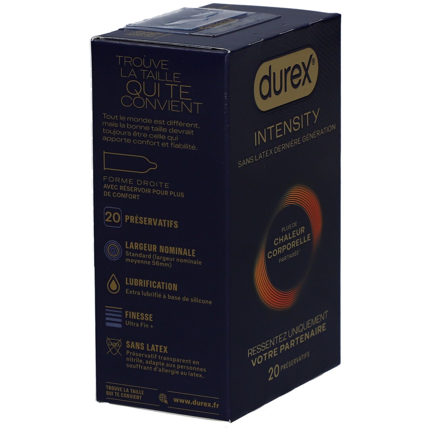 Boîte bleue foncée Durex Intensity sans latex. Contient 20 préservatifs. Texte: taille, lubrification, finesse. Logo Durex en or.