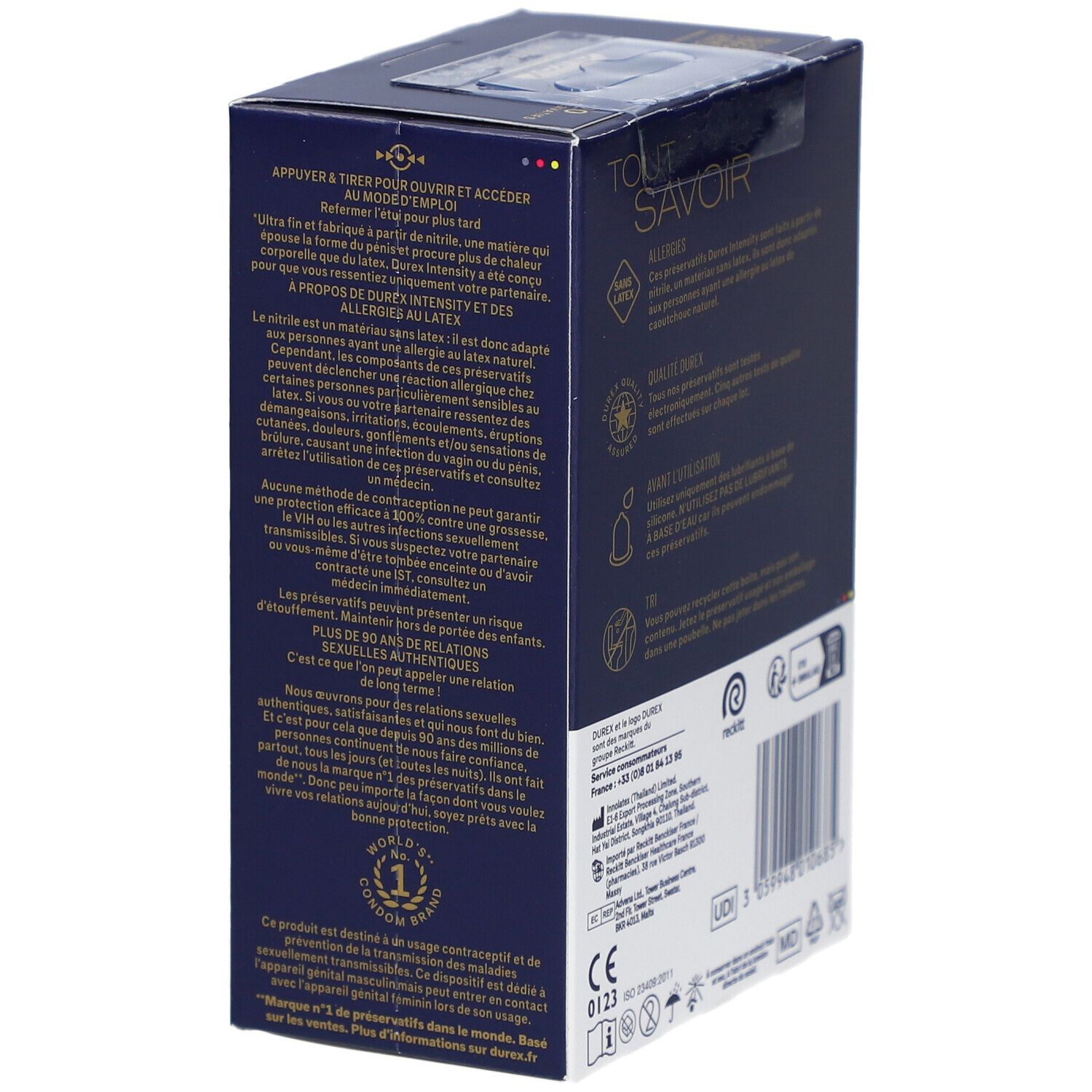 Dos de la boîte bleue foncée. Textes: utilisation, informations, logos. Contient des informations sur le produit.