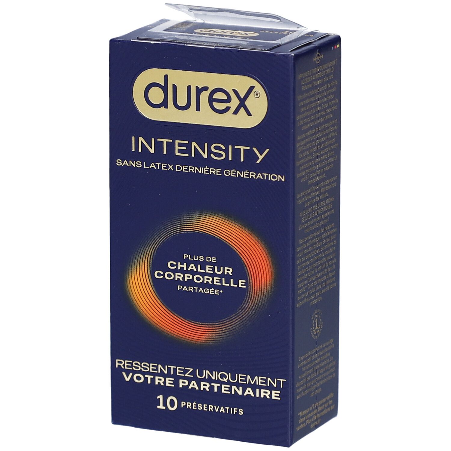 Boîte bleue foncée "durex INTENSITY". Contient 10 préservatifs. Cercle orange avec texte. Ouverture transparente.
