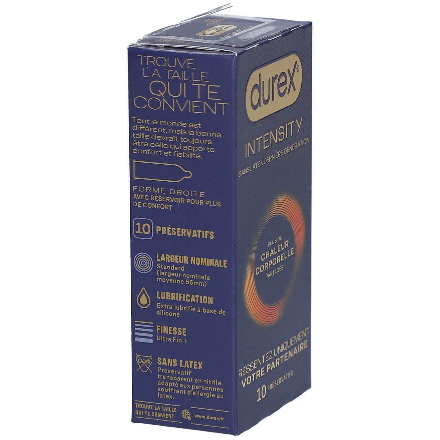 Boîte bleue foncée "durex INTENSITY". Contient 10 préservatifs. Texte: Forme droite, largeur nominale, lubrification, finesse, sans latex.